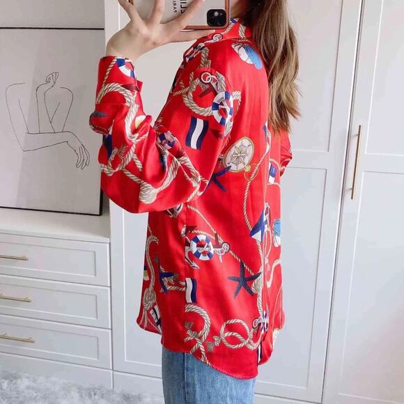 Zara Nautical Print Satin Blouse in Red size Large - Picture 8 of 10